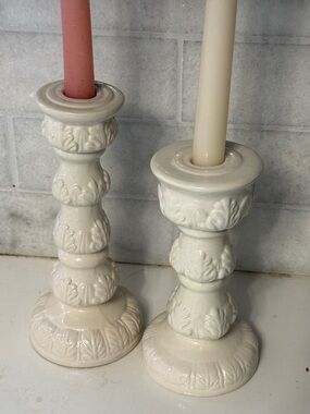 Vintage cream ceramic Acanthus leaf candlestick holders - pair